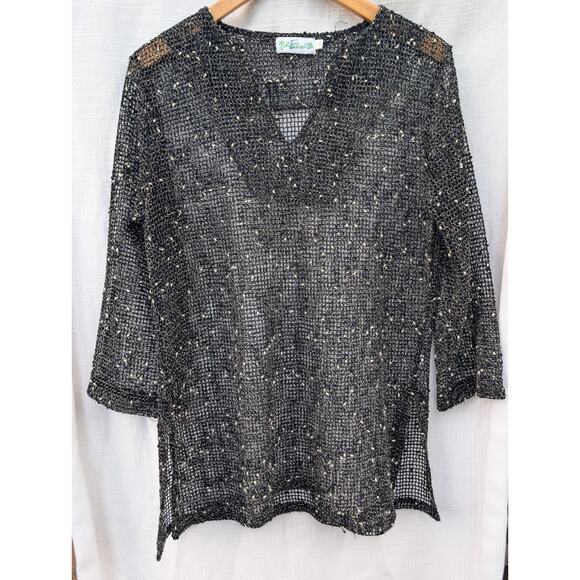 Lulu-B Net Mesh Top Black White M Mermaid Fishnet Coastal Opel Knit Sharkbite - Picture 2 of 4